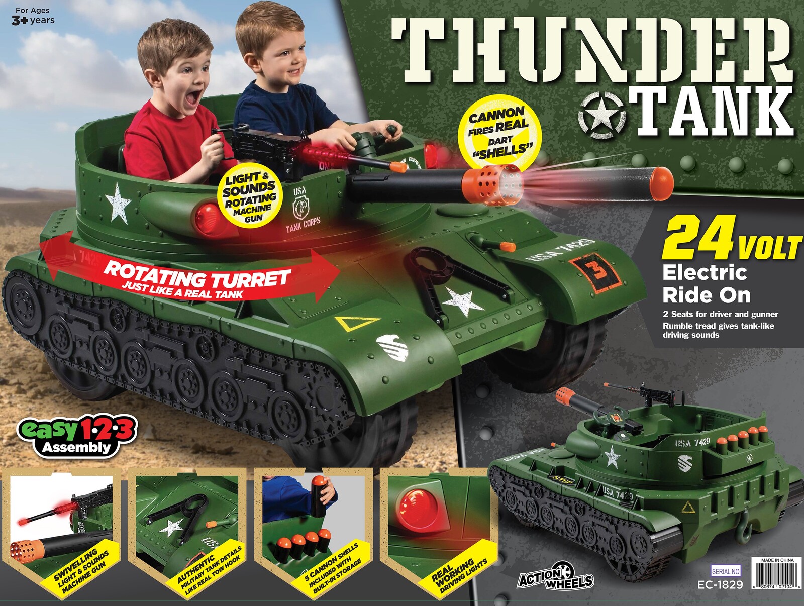 Thunder Tank Ride On With Working Cannon And Rotating Turret 24 Volt Green